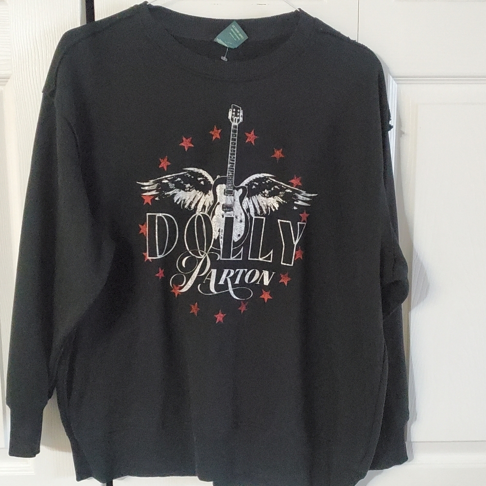 DOLLY PARTON Terra & Sky Black Sweatshirt Raw Hem Line. 1X Country